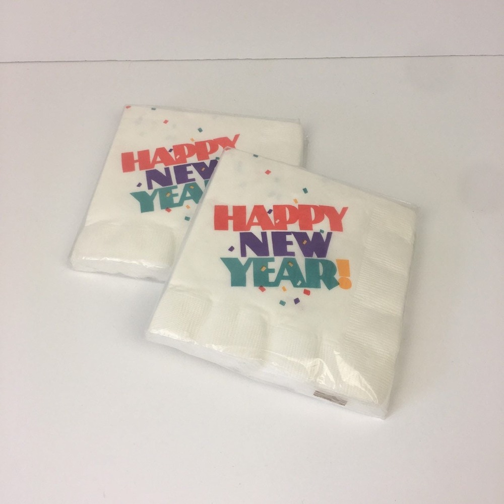 Hallmark Happy New Year‎ Vtg White Napkins Colorful 80s 90s Font 2 Packs Sealed